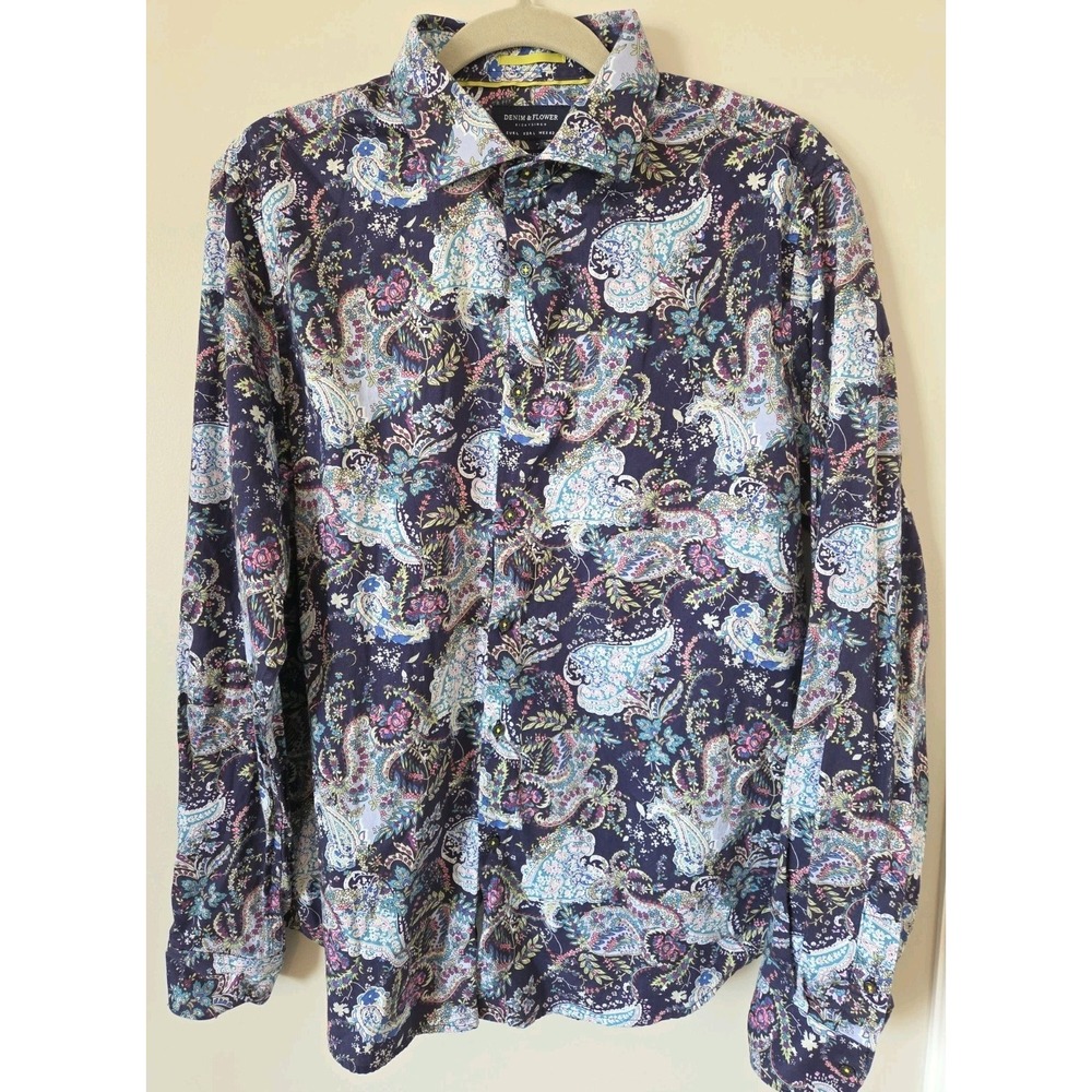 Denim & Flower Slim Fit Shirt Ricky Singh Navy Paisley Button-Up Mens Size Large